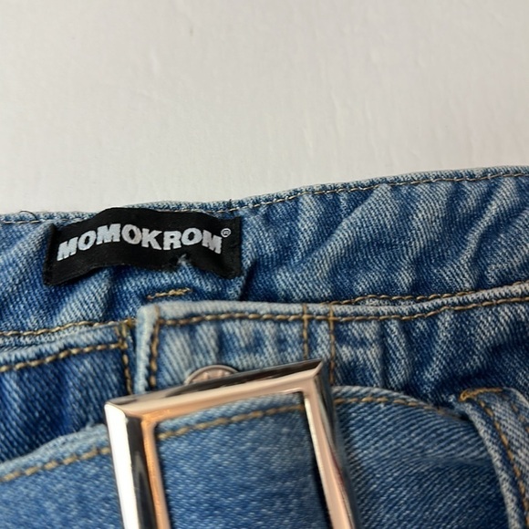 Dolls Kill Momokrom high waisted denim with frayed hem and silver buckle belt. - Picture 8 of 14